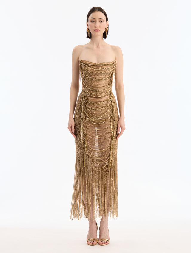 Bugle Bead Fringe Gown