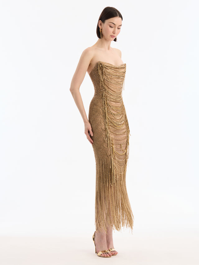 Bugle Bead Fringe Gown
