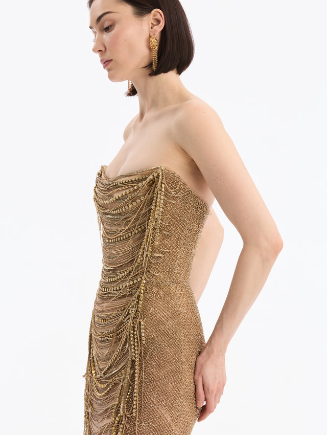 Bugle Bead Fringe Gown