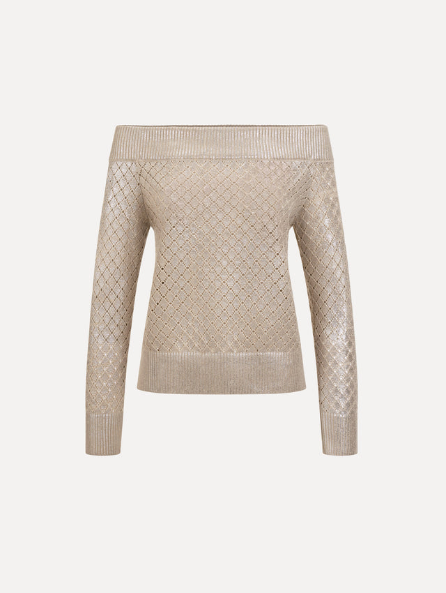 The Silver Foil Off-Shoulder Pullover. Featuring a lattice knit pattern, off-the-shoulder neckline, long sleeves, and ribbed trims. Front View.