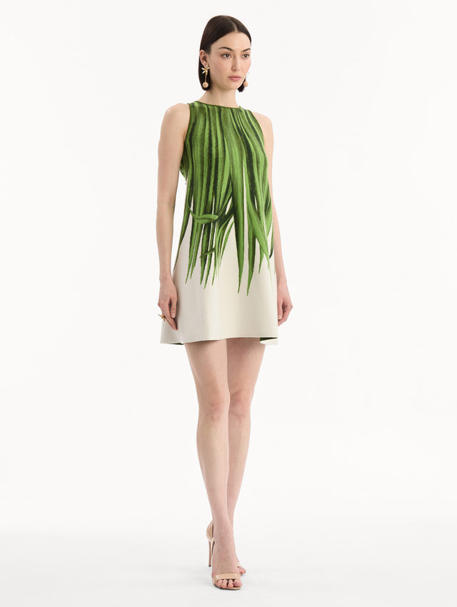 Palm Leaves Jacquard Shift Dress in Green and Ivory print. Side view.