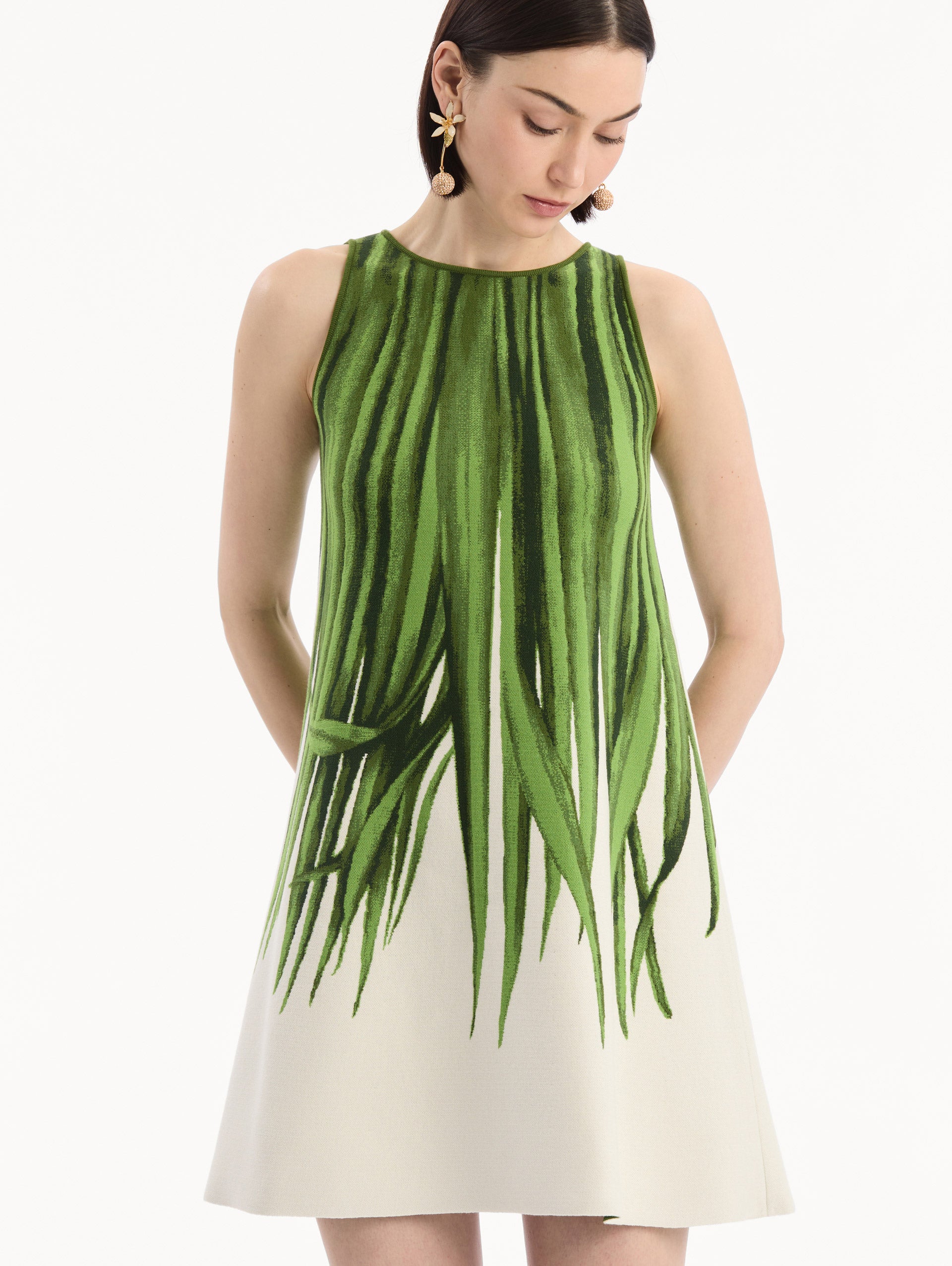 Palm Leaves Jacquard Shift Dress in Green and Ivory print. Zoom view.