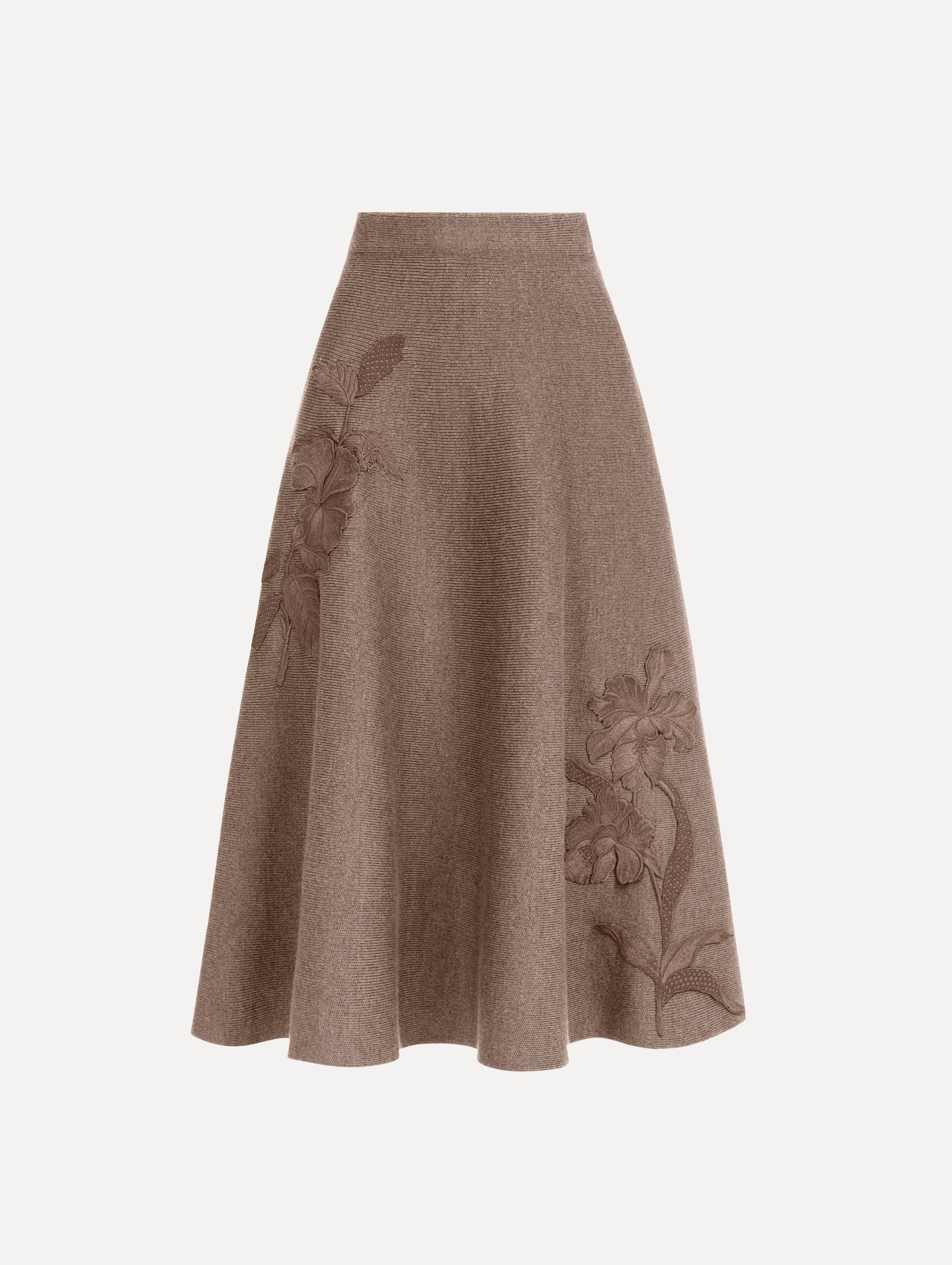 The Hibiscus Embroidered Knit Skirt. Featuring a softly flared silhouette and midi length. Front View.