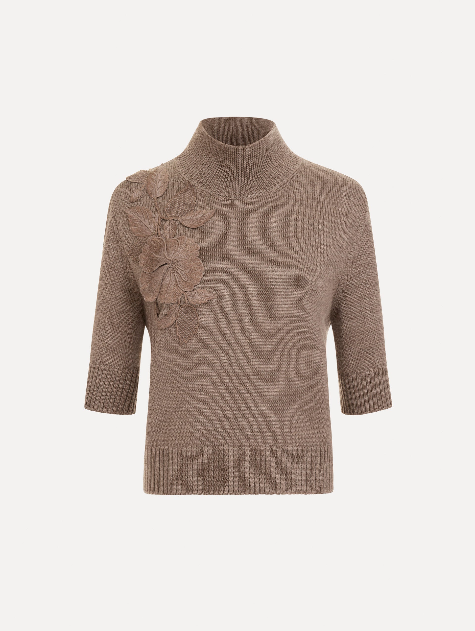 The Hibiscus Embroidered Knit Pullover. Featuring a high neckline and ribbed trim. Front View.
