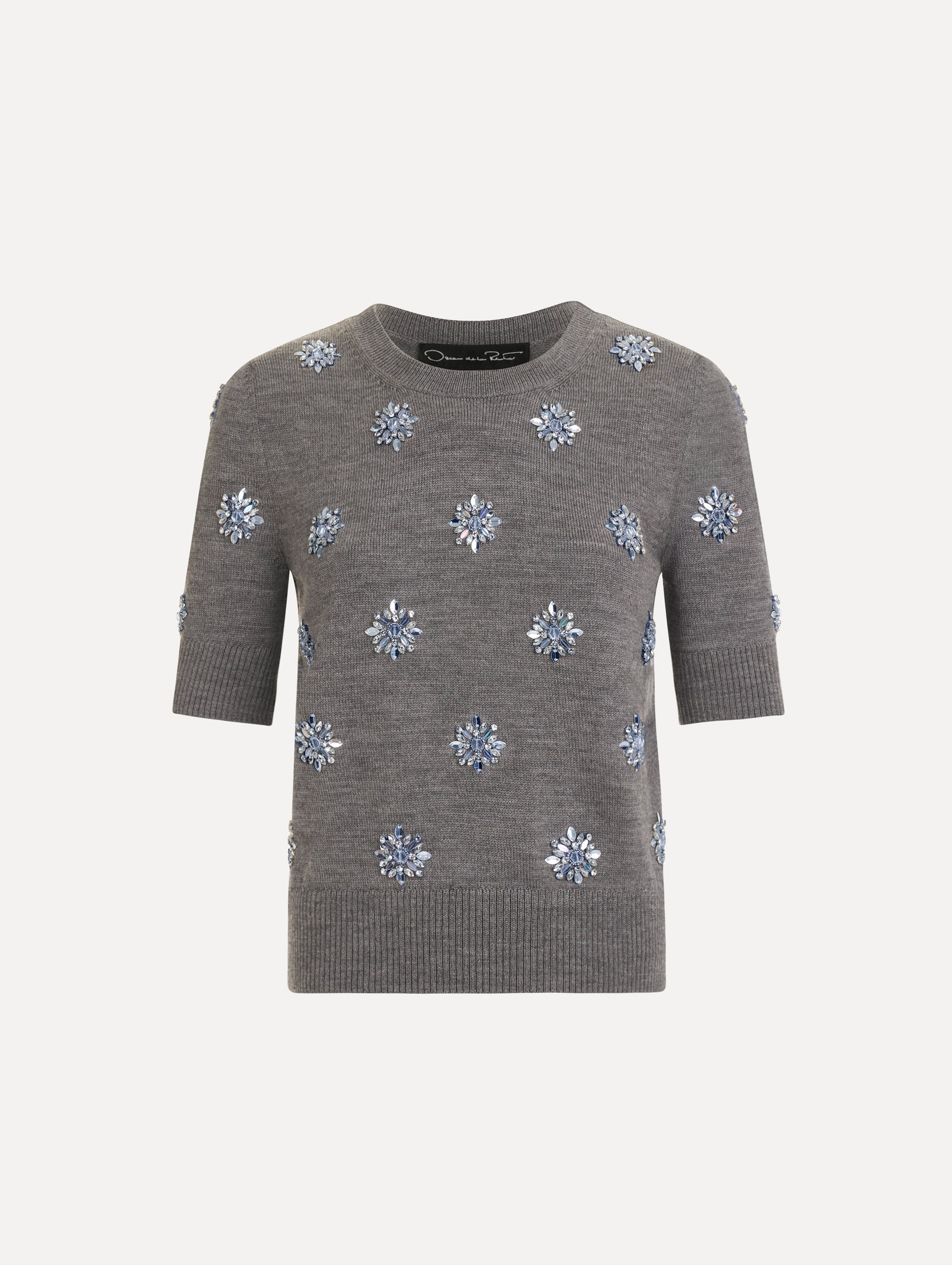 The Crystal Embroidered Pullover in grey with blue crystal embroidered. Featuring a crew neckline and ribbed trims. Front View.