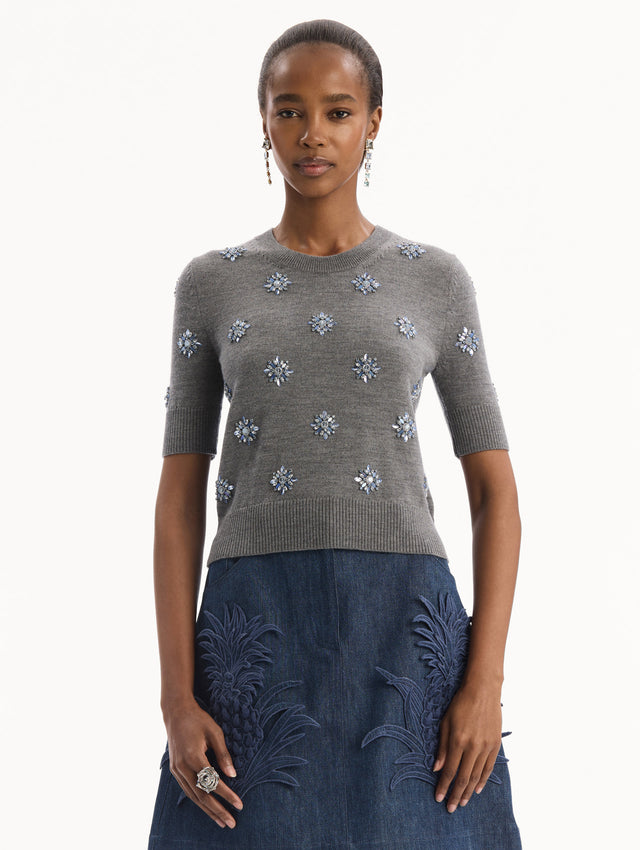 The model is wearing the Crystal Embroidered Pullover in grey with blue crystal embroidered. Featuring a crew neckline and ribbed trims. Front View.