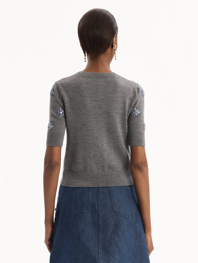 The model is wearing the Crystal Embroidered Pullover in grey with blue crystal embroidered. Featuring a crew neckline and ribbed trims. Back View.