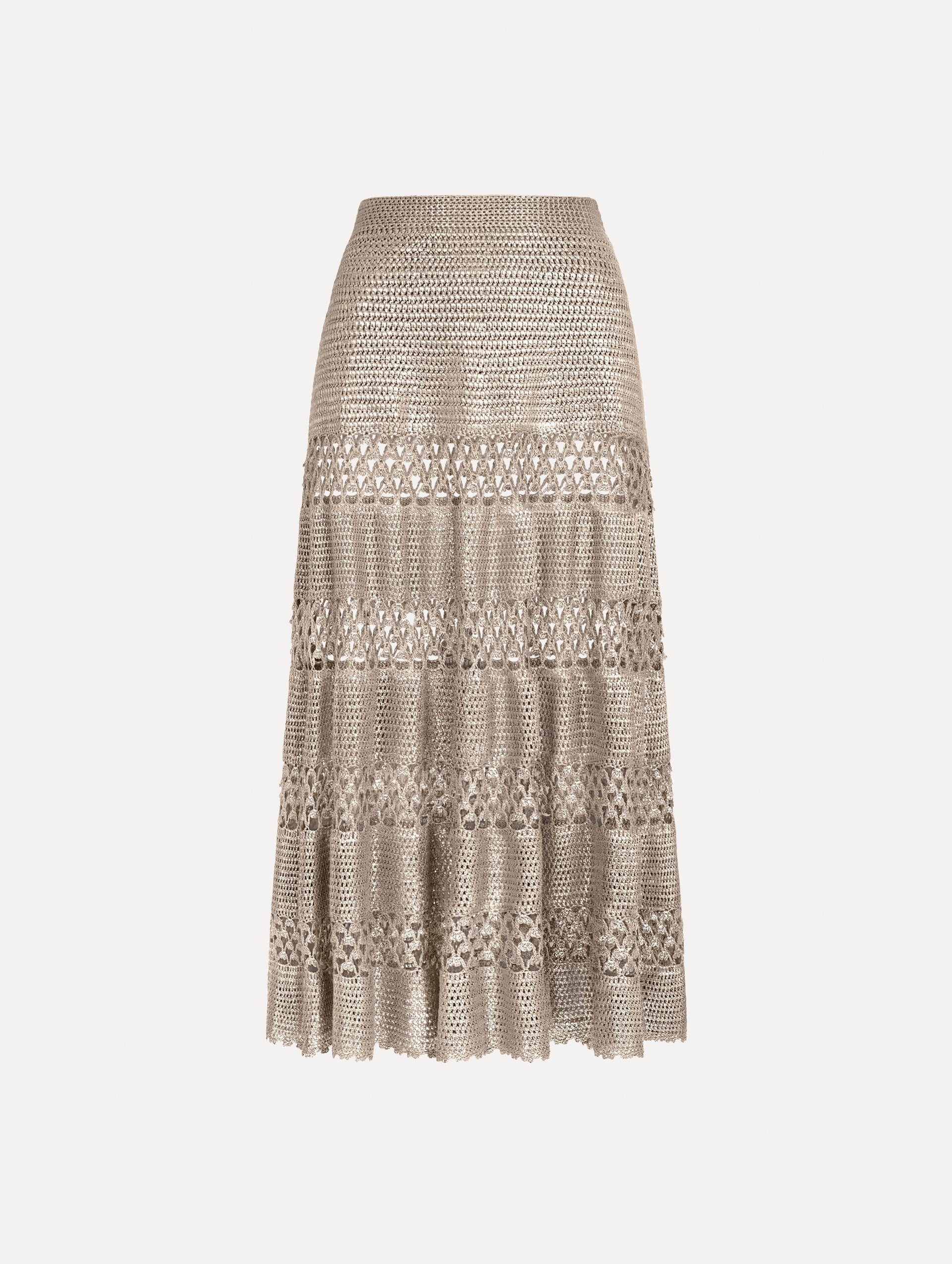 The Silver Foil Midi Skirt. Featuring a tiered silhouette with striped intricate openwork and midi length. Front View.