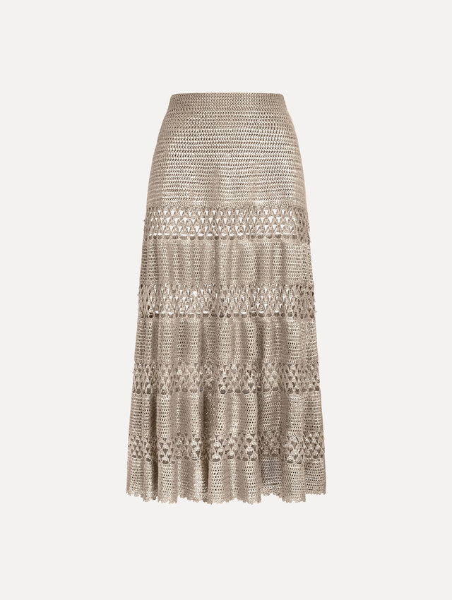 The Silver Foil Midi Skirt. Featuring a tiered silhouette with striped intricate openwork and midi length. Front View.