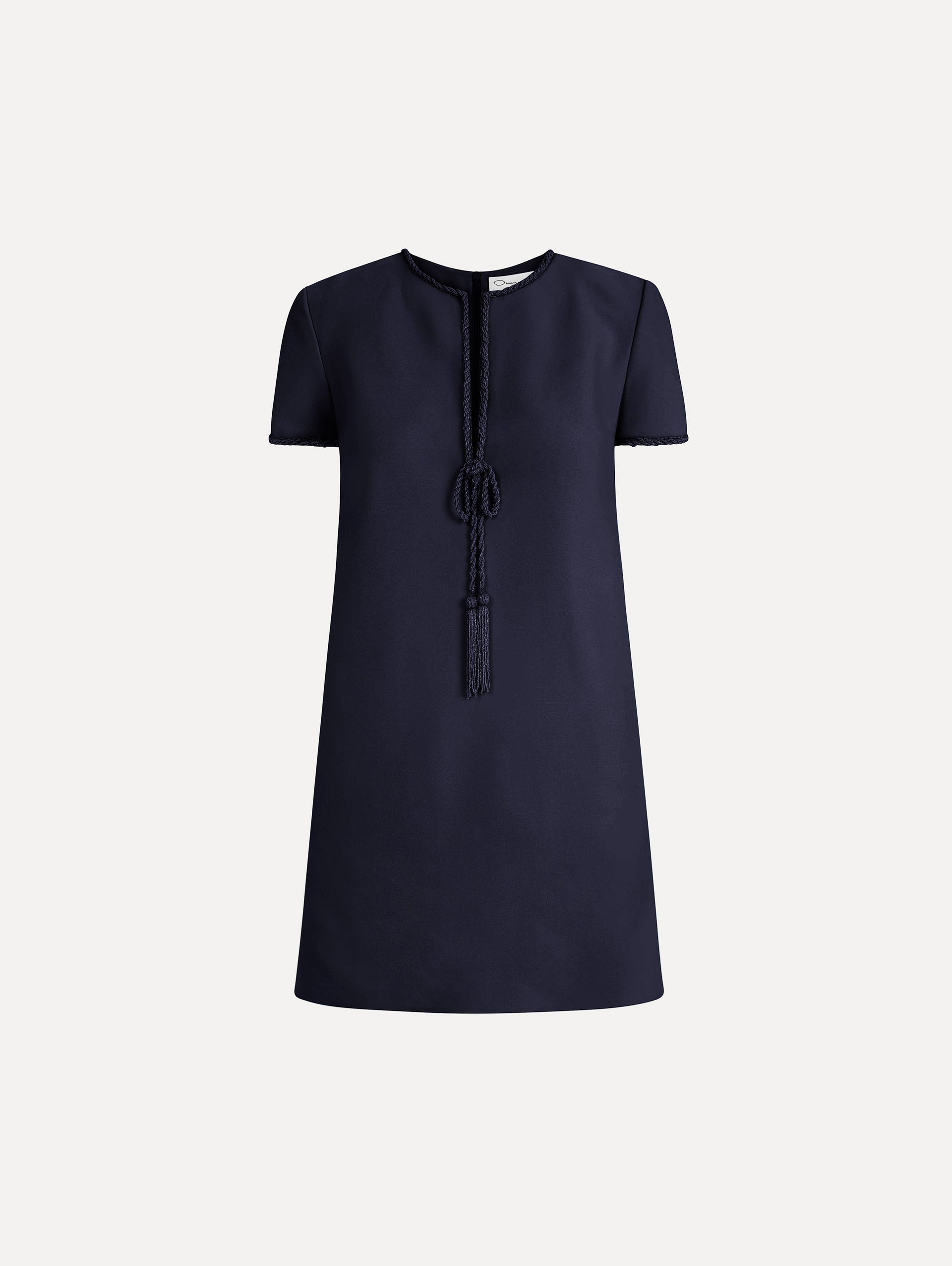Beaded Bow-Detail Shift Dress in Navy Blue. Front View.