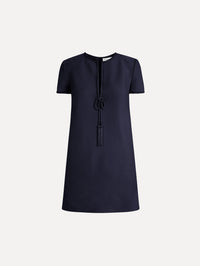 Beaded Bow-Detail Shift Dress in Navy Blue. Front View.