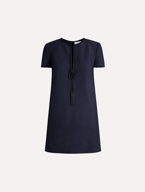 Beaded Bow-Detail Shift Dress in Navy Blue. Front View.