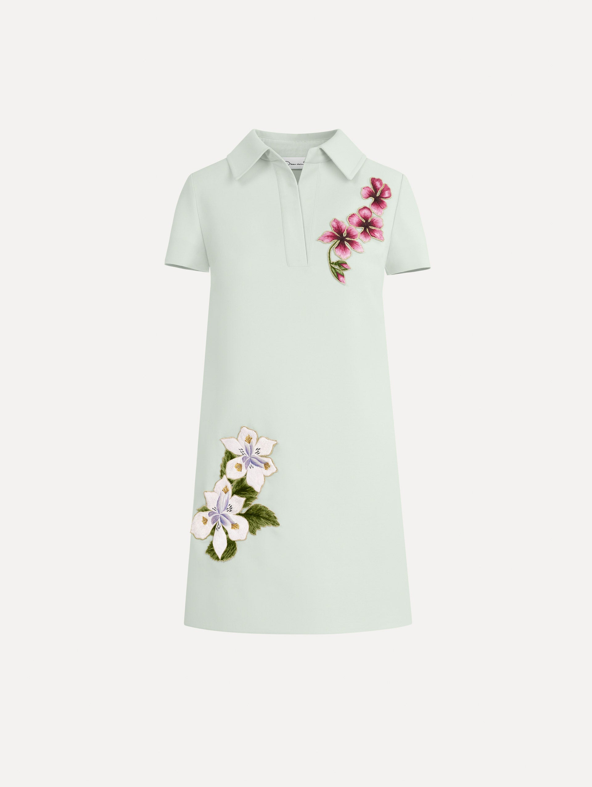 The Dominican Mixed-Floral Threadwork Shift Dress in Saltwater. Featuring open collar neckline and mini length. Front View.