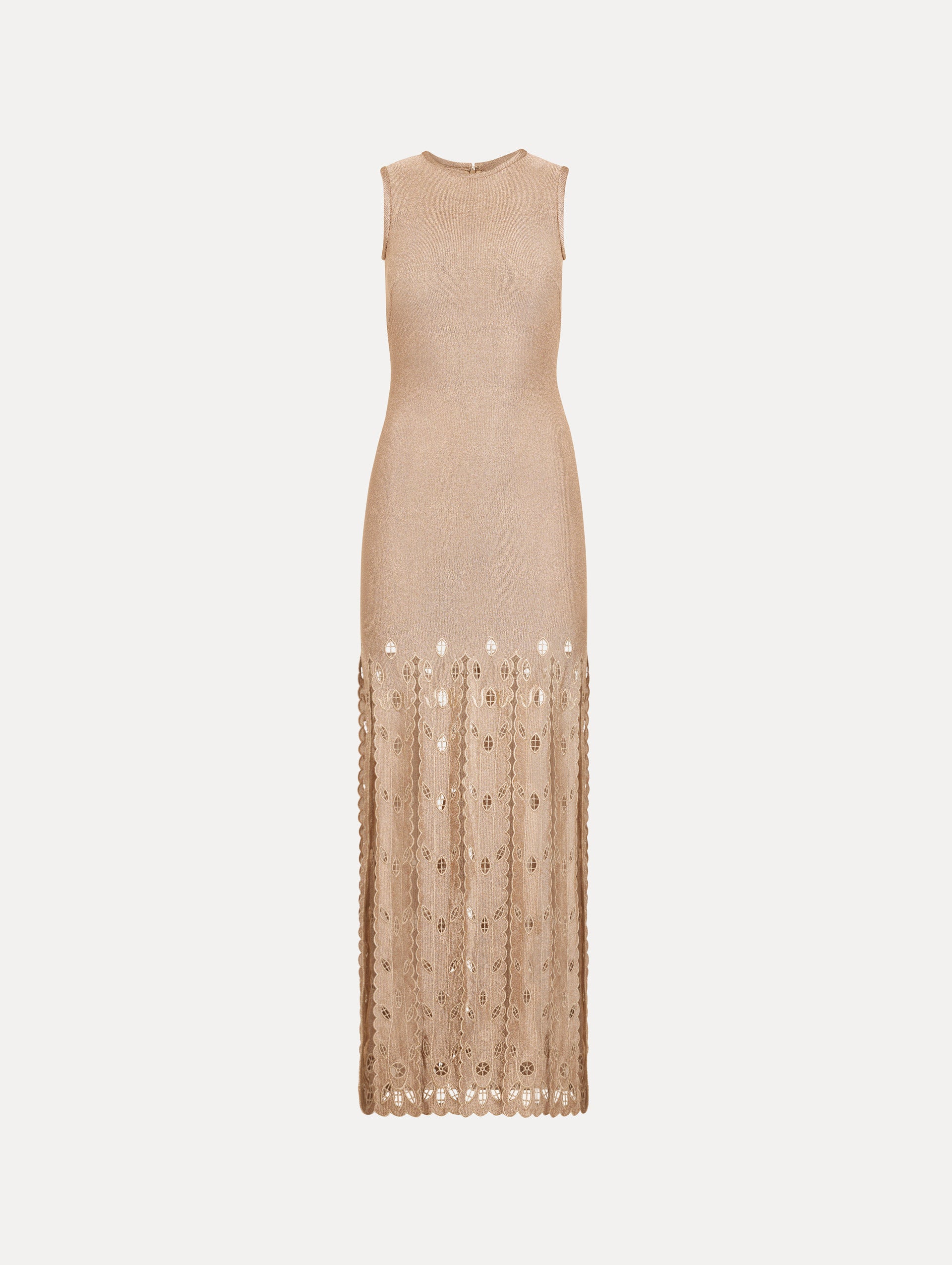 The Pineapple Fringe Metallic Jersey Dress. Featuring shimmering metallic jersey fabrication, a body-skimming silhouette, and pineapple-inspired fringe along the hem. Front View. 