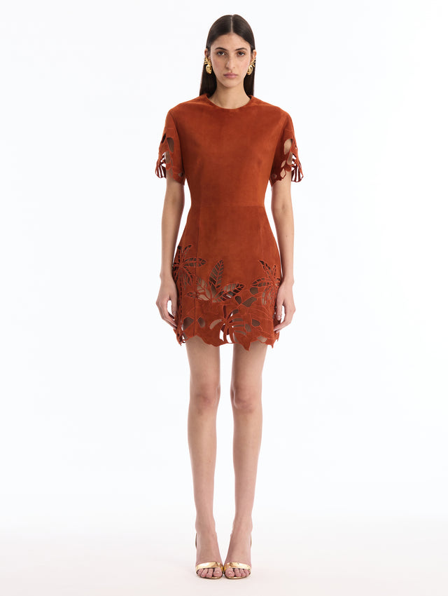 Palm Tree Threadwork Cutout Suede Dress