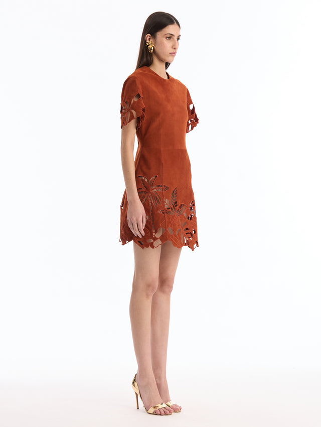 Palm Tree Threadwork Cutout Suede Dress