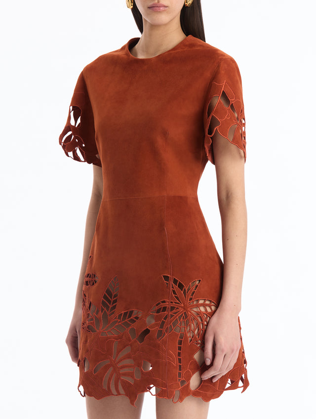 Palm Tree Threadwork Cutout Suede Dress