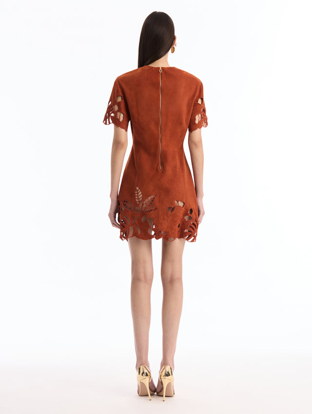 Palm Tree Threadwork Cutout Suede Dress