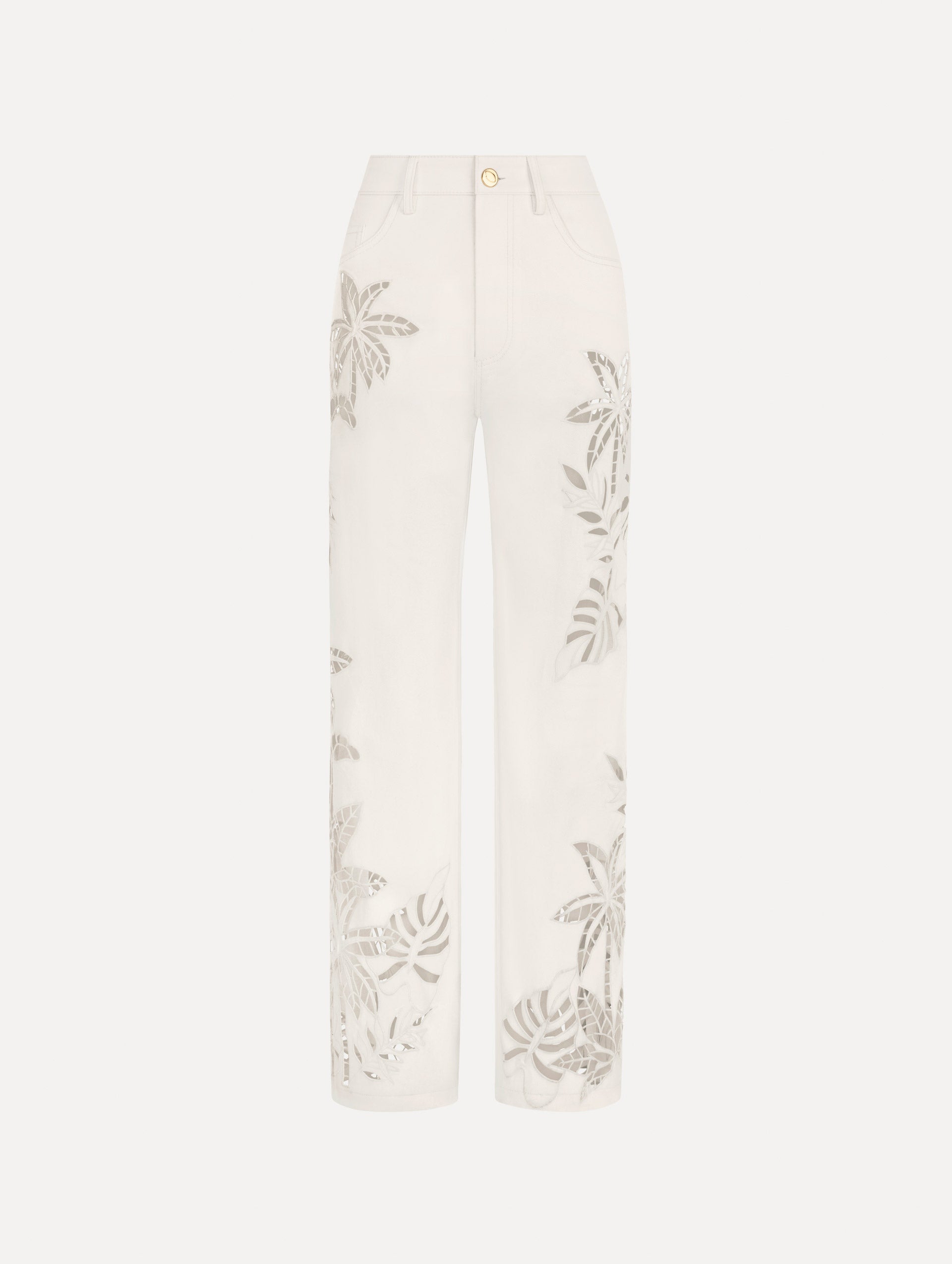 Palm Leaves Cutout Denim Pant in White. front view.
