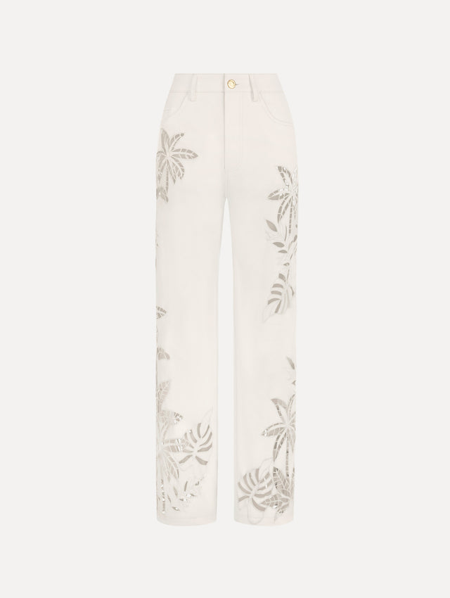 Palm Leaves Cutout Denim Pant in White. front view.