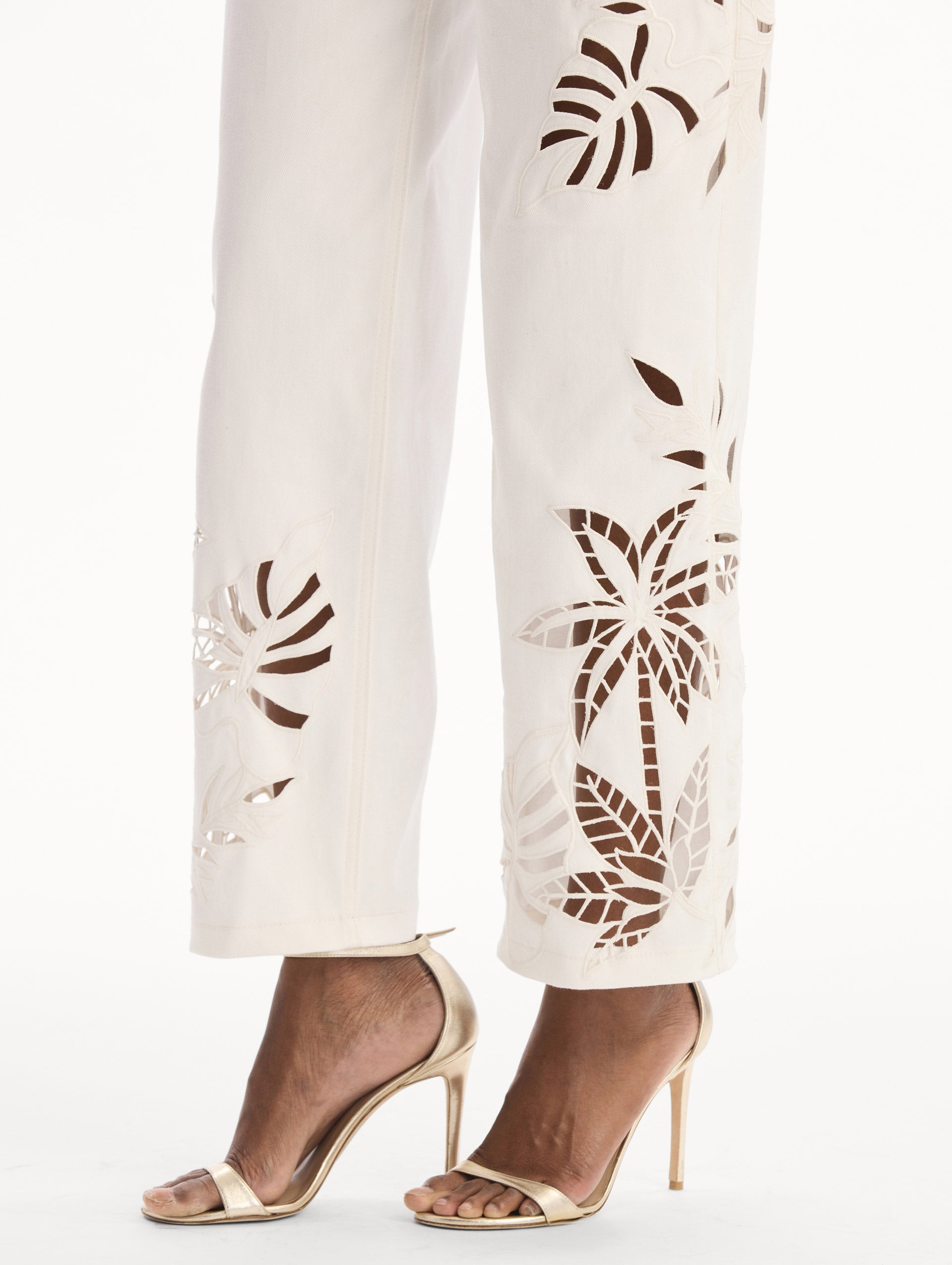Palm Leaves Cutout Denim Pant in White. zoom view.