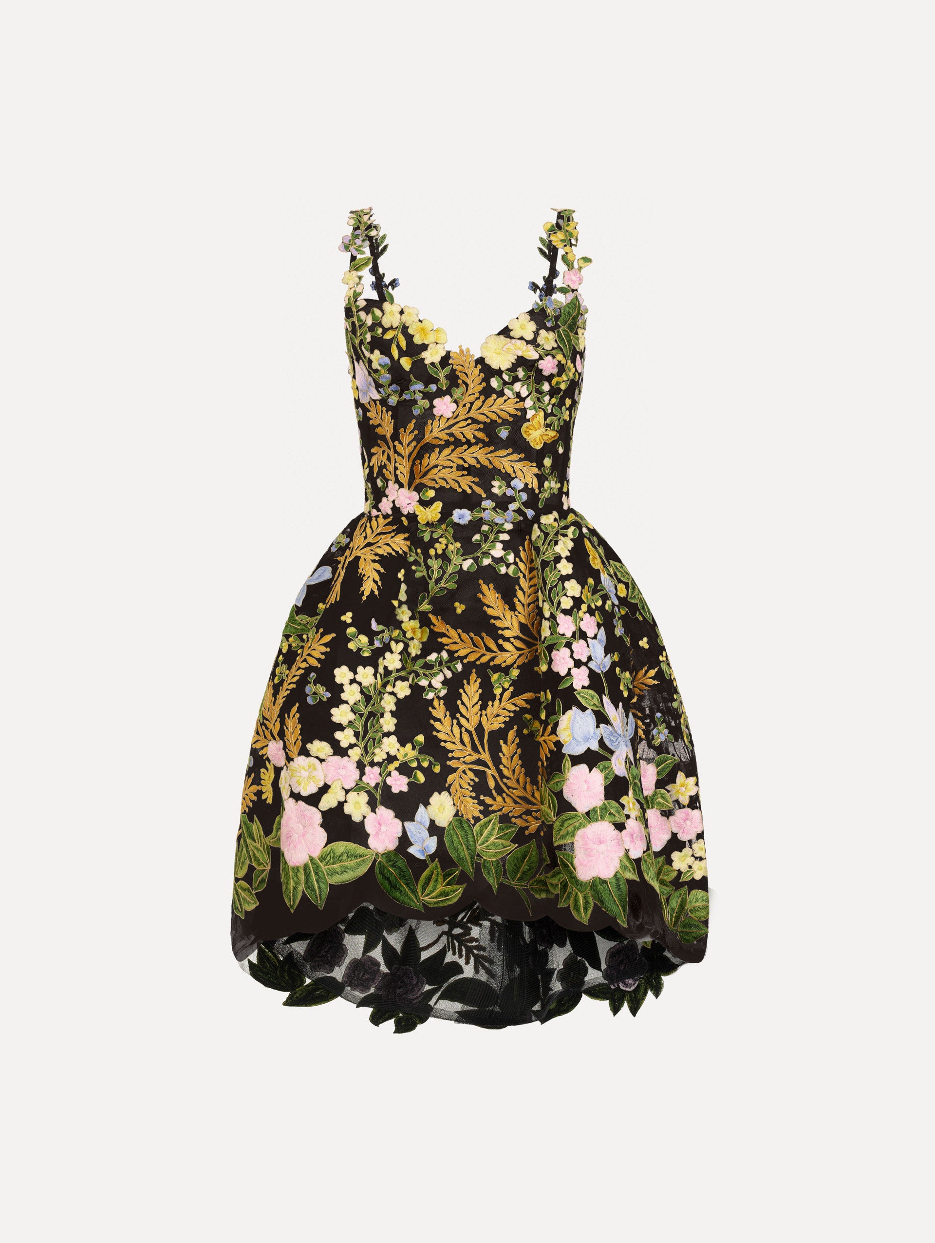 The Dominican Mixed-Floral Guipure High-Low Dress. Featuring a sweetheart neckline, delicate floral straps, fitted bodice, and mini skirt. Front View.