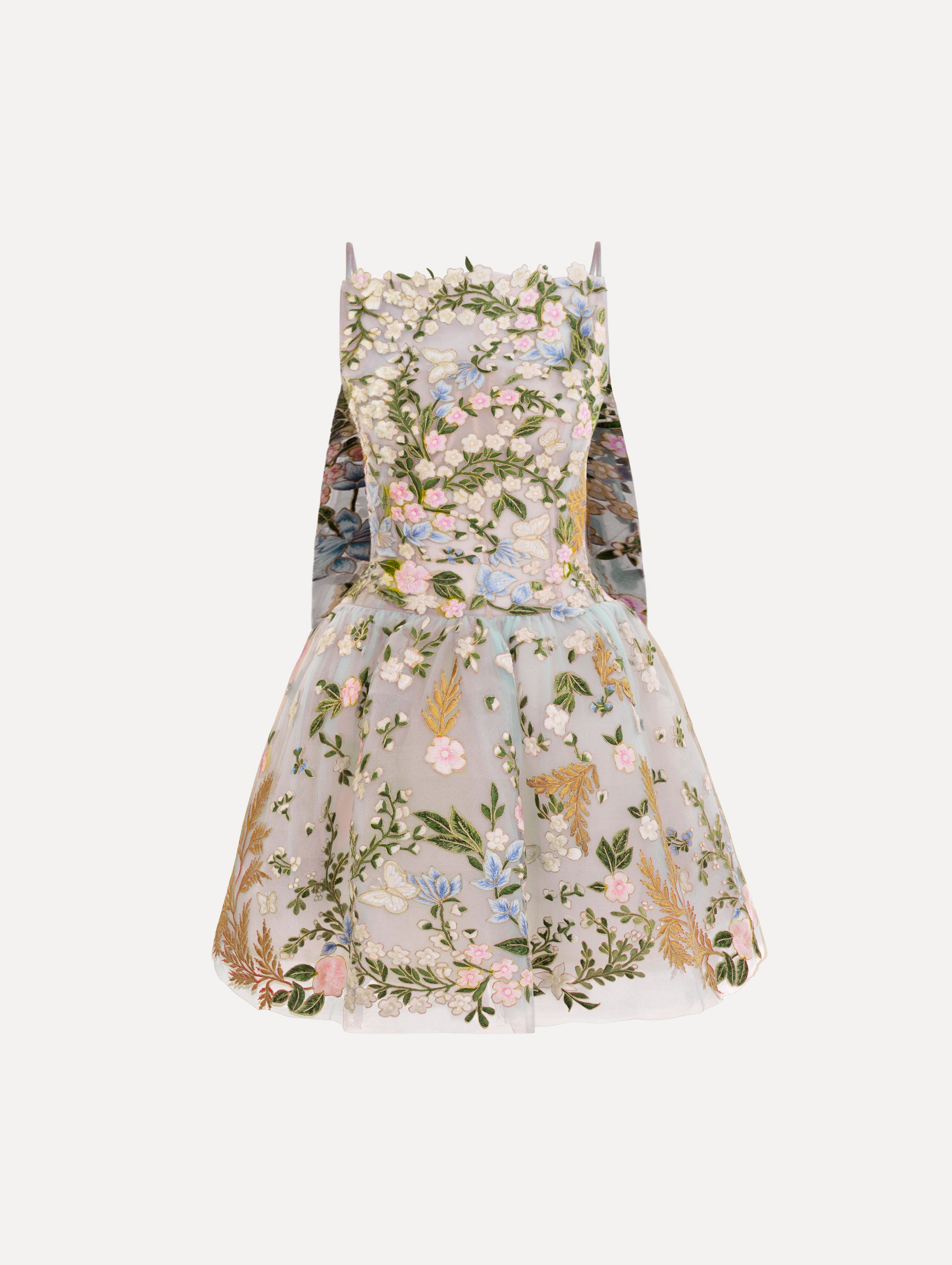 The Dominican Mixed-Floral Guipure Cape-Back Dress. Featuring a straight neckline, fitted bodice, flared mini skirt, and structural cape. Front View.