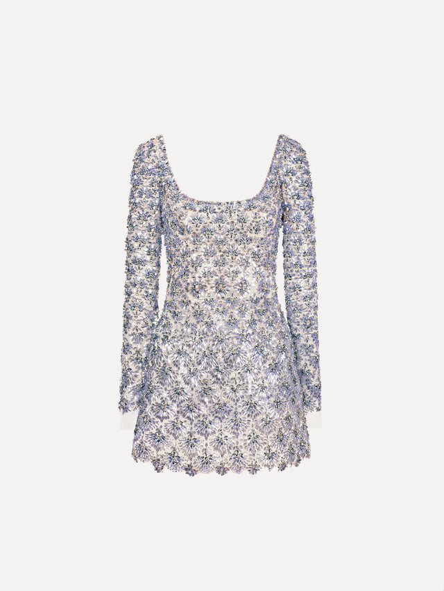 The Crystal & Glass Embroidered Cocktail Dress. Featuring a scoop neckline, long sleeves, and mini length. Front View.