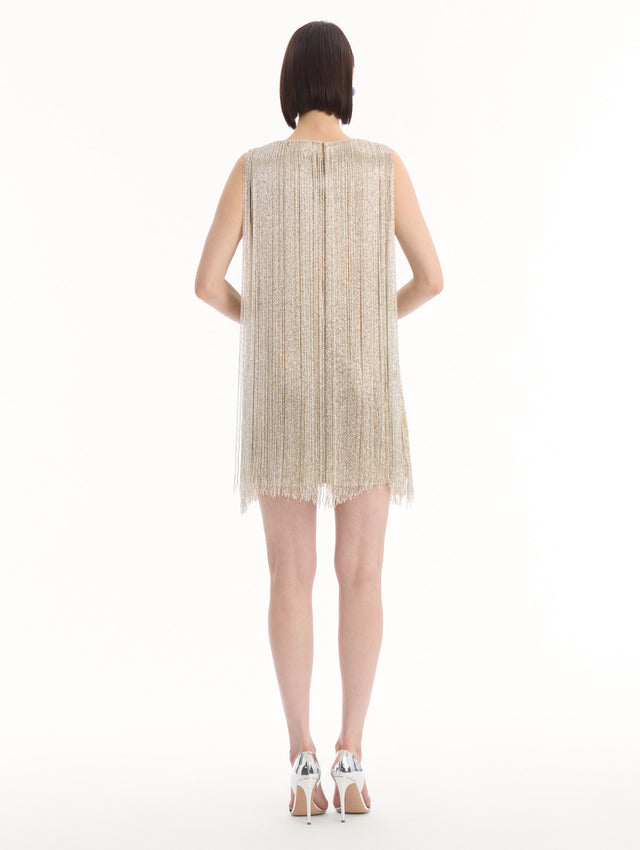 The model is wearing the Chiné Hibiscus Beaded Fringe Shift Dress. Featuring layers of beaded fringe and mini length. Back View.