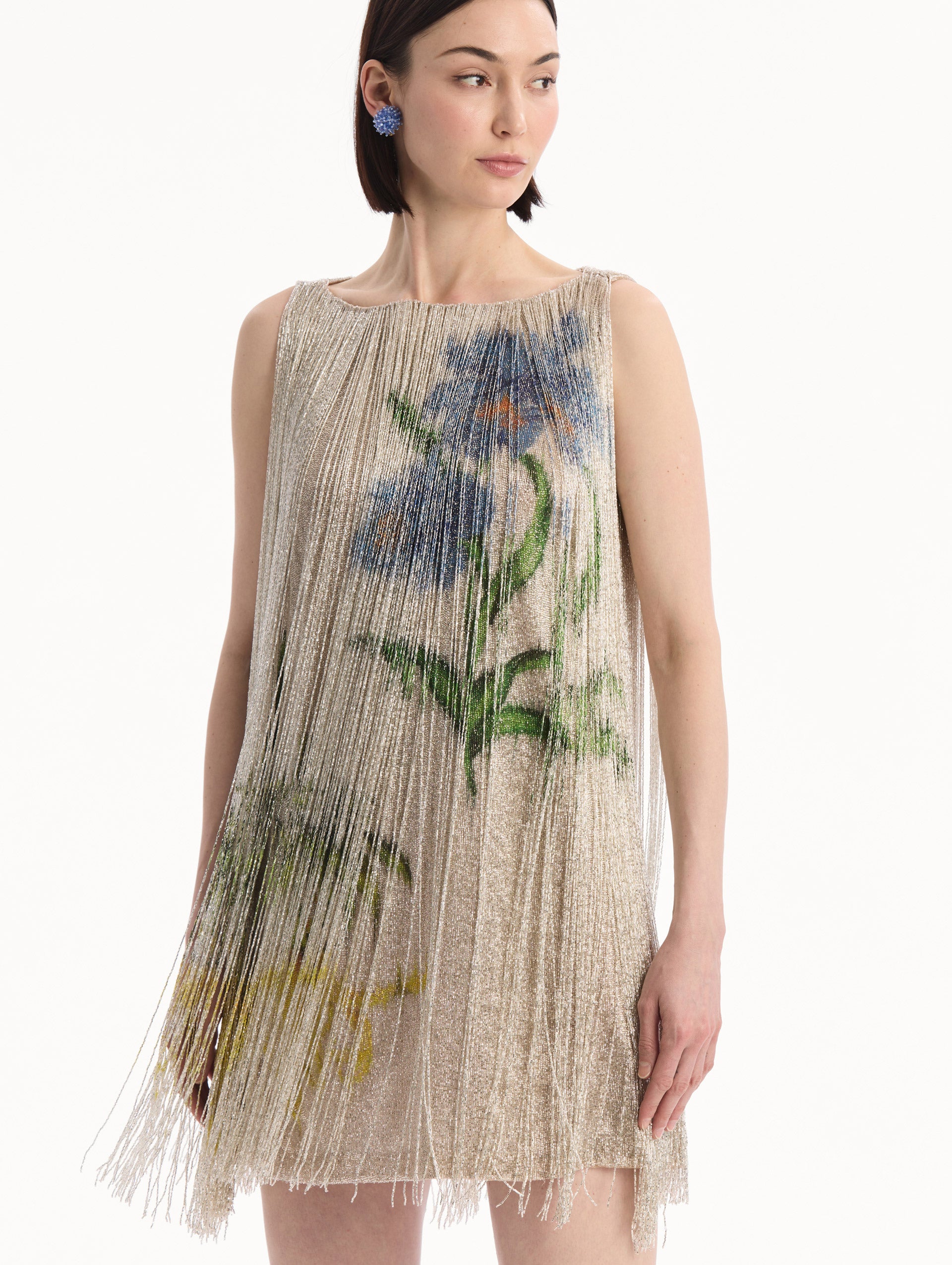 Chiné Hibiscus Beaded Fringe Shift Dress 6