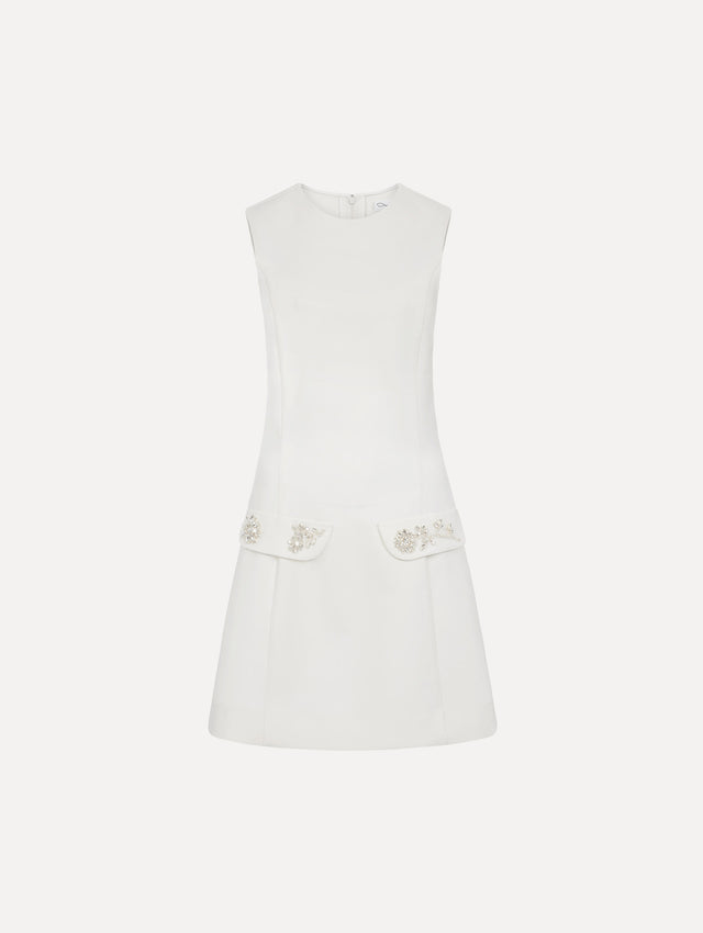 Crystal Floral Embroidered Cocktail Dress without Cape in ivory. Front View.