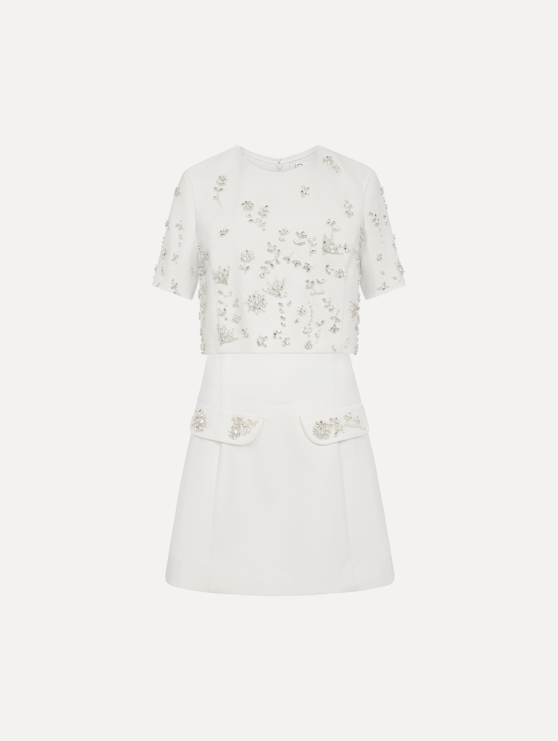 Crystal Floral Embroidered Cocktail Dress with Cape in ivory. Front View.