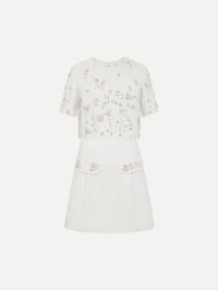 Crystal Floral Embroidered Cocktail Dress with Cape in ivory. Front View.