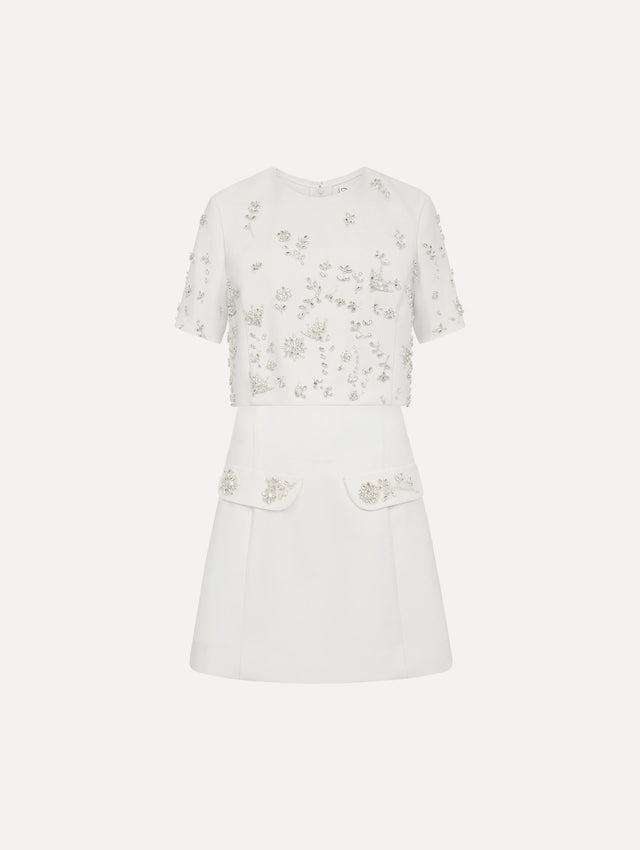 Crystal Floral Embroidered Cocktail Dress with Cape in ivory. Front View.