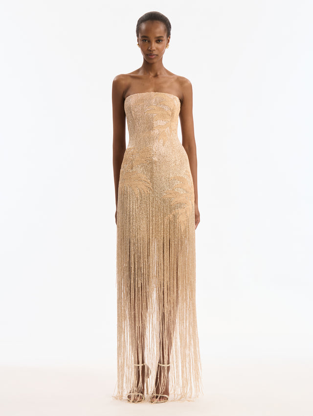Palm Tree Raffia Fringe Gown