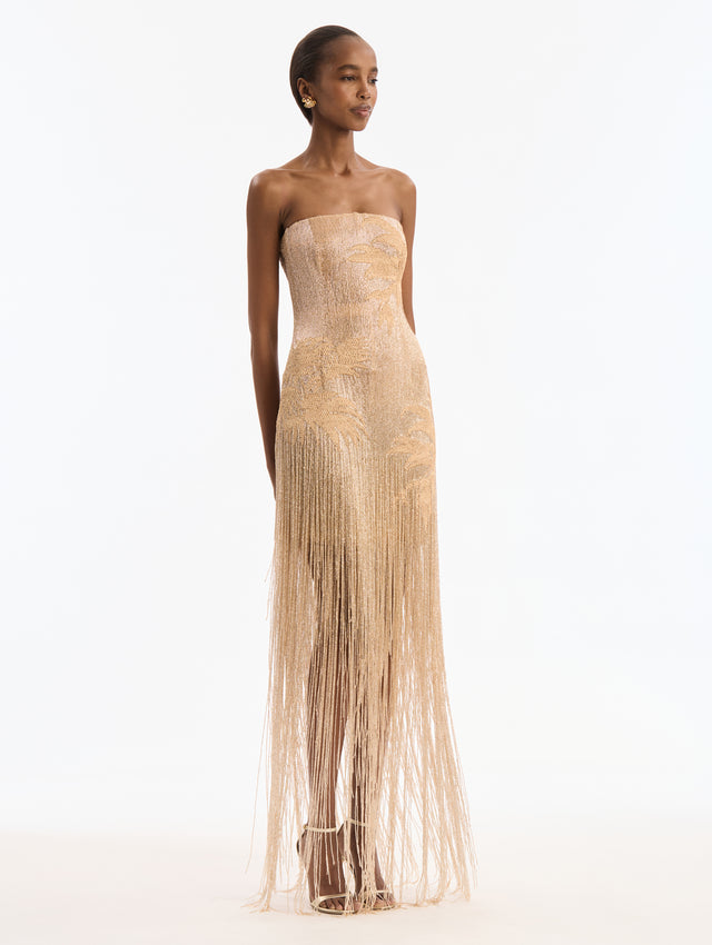 Palm Tree Raffia Fringe Gown