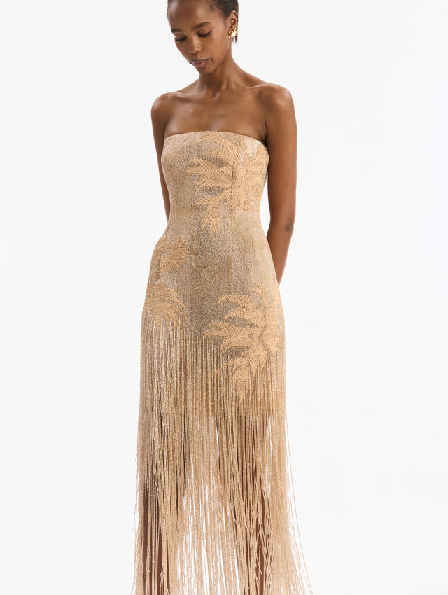 Palm Tree Raffia Fringe Gown