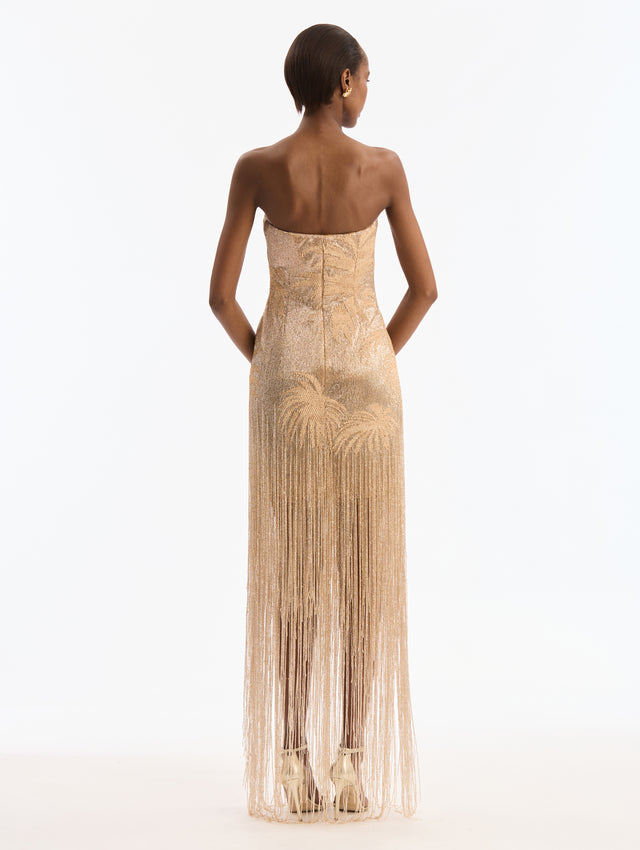 Palm Tree Raffia Fringe Gown