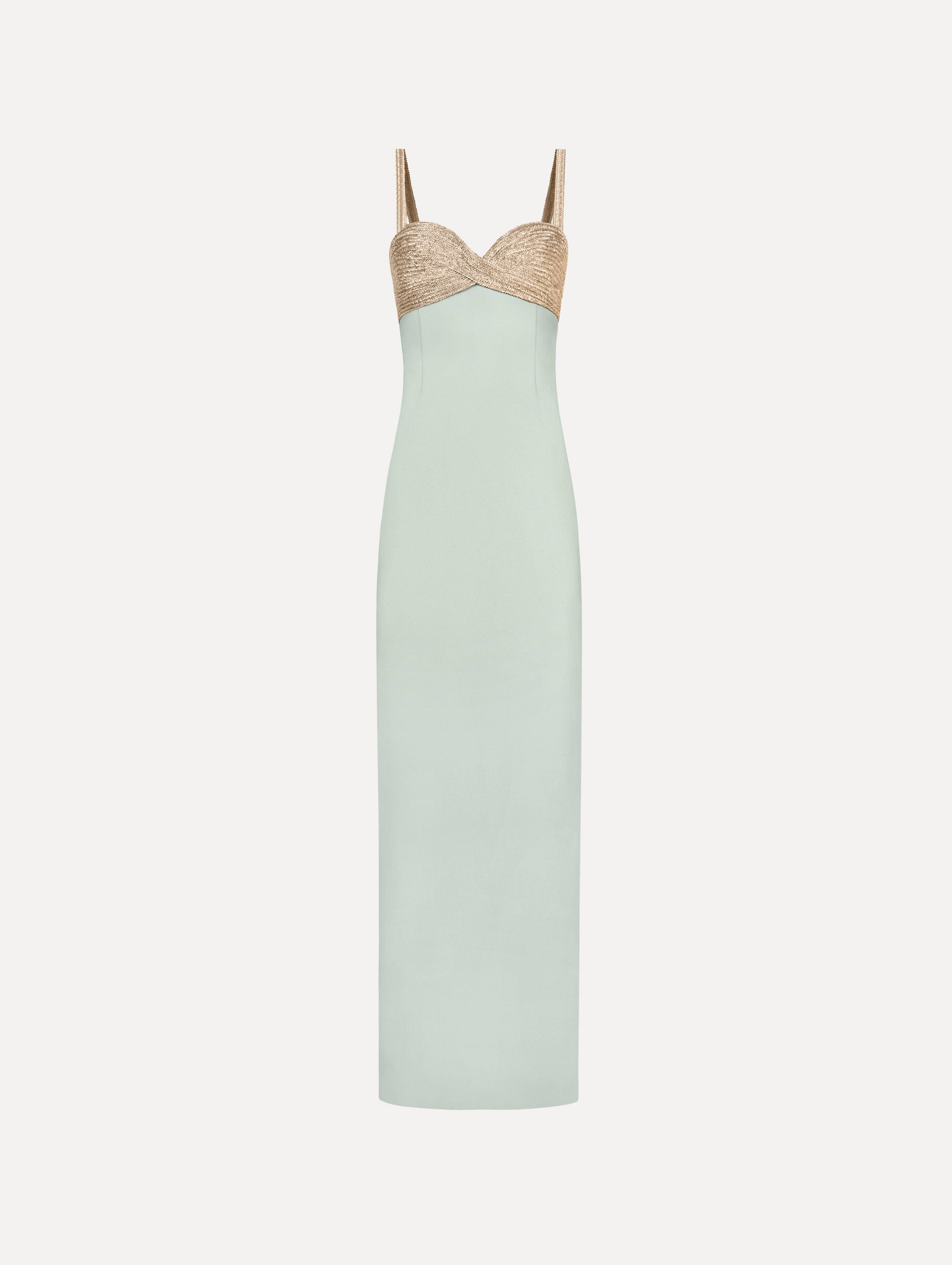 The Twist-Detail Metallic Column Gown in Saltwater Blue. Featuring a metallic twist-detail bodice and long, column silhouette. Front View.