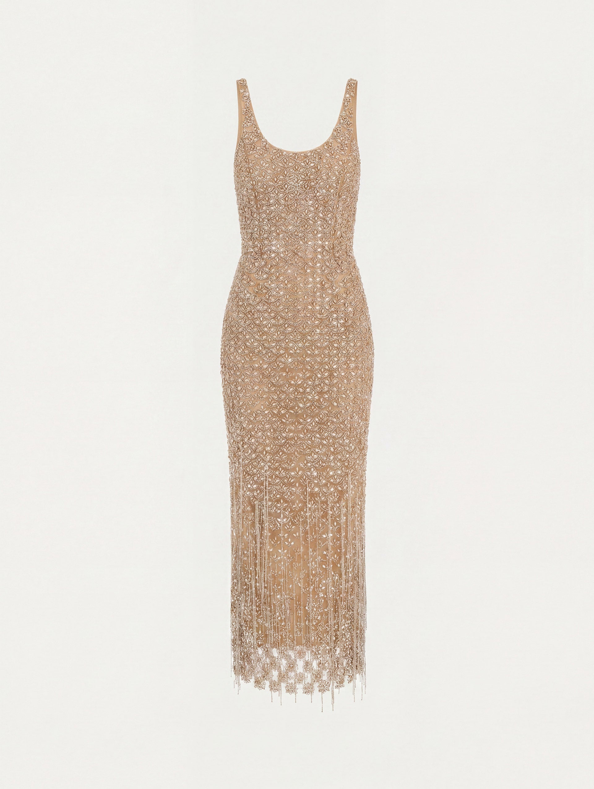 The model is wearing the crystal & glass embroidered cocktail dress with a scoop neckline in the color amber.