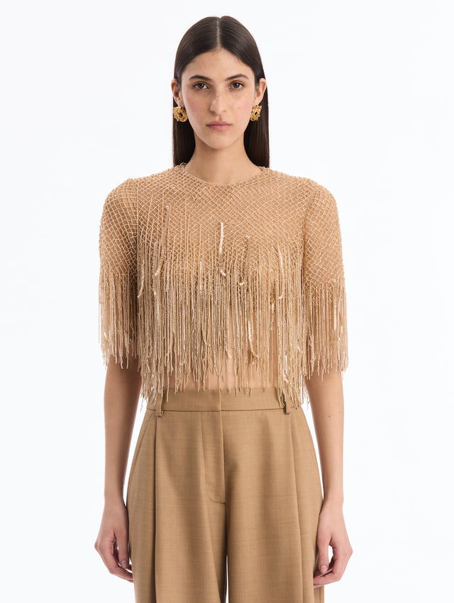 Bugle Bead Fringe Mesh Blouse
