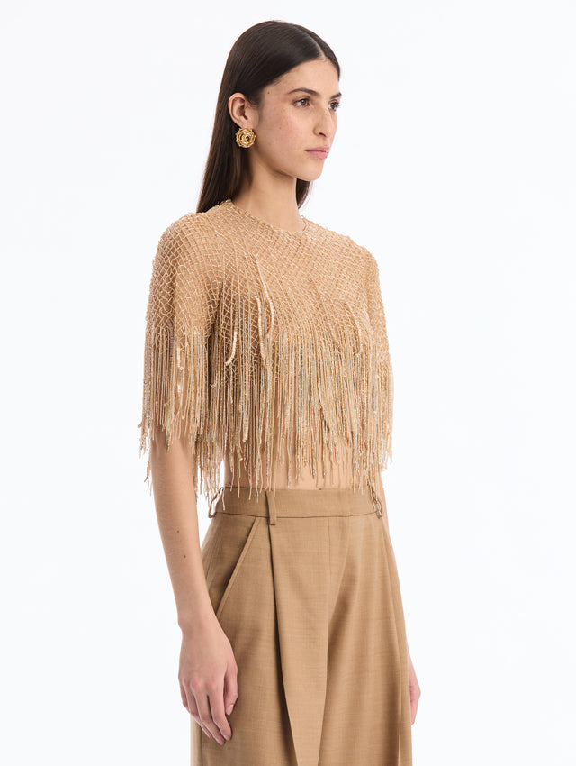 Bugle Bead Fringe Mesh Blouse