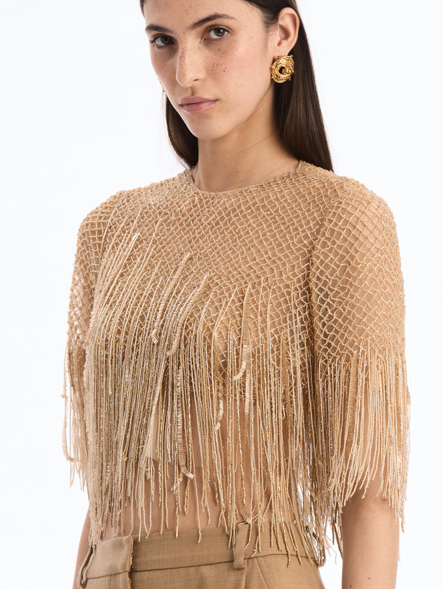 Bugle Bead Fringe Mesh Blouse