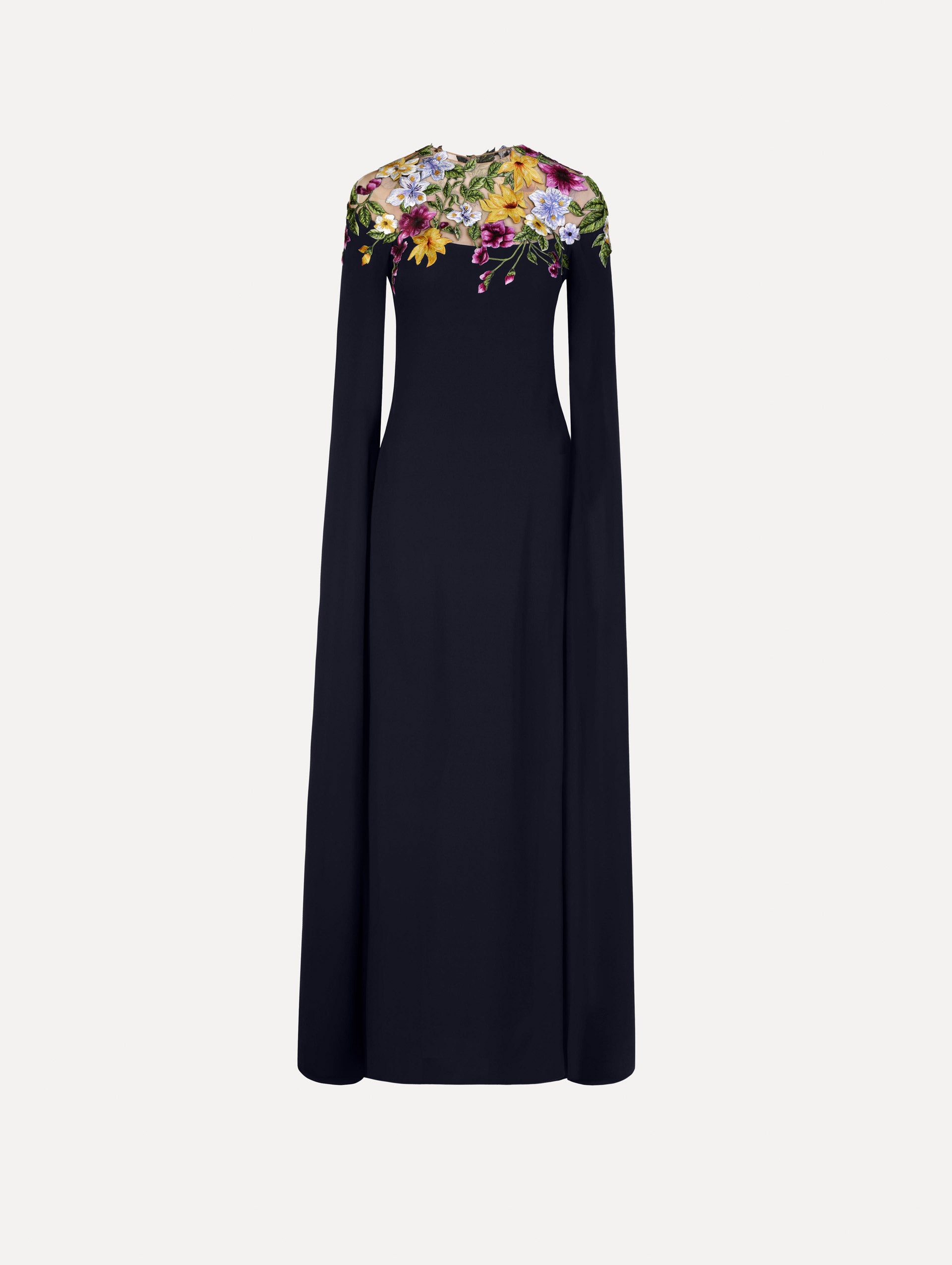 Dominican Mixed-Floral Caftan in navy. front view.