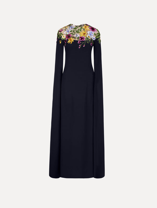 Dominican Mixed-Floral Caftan in navy. front view.