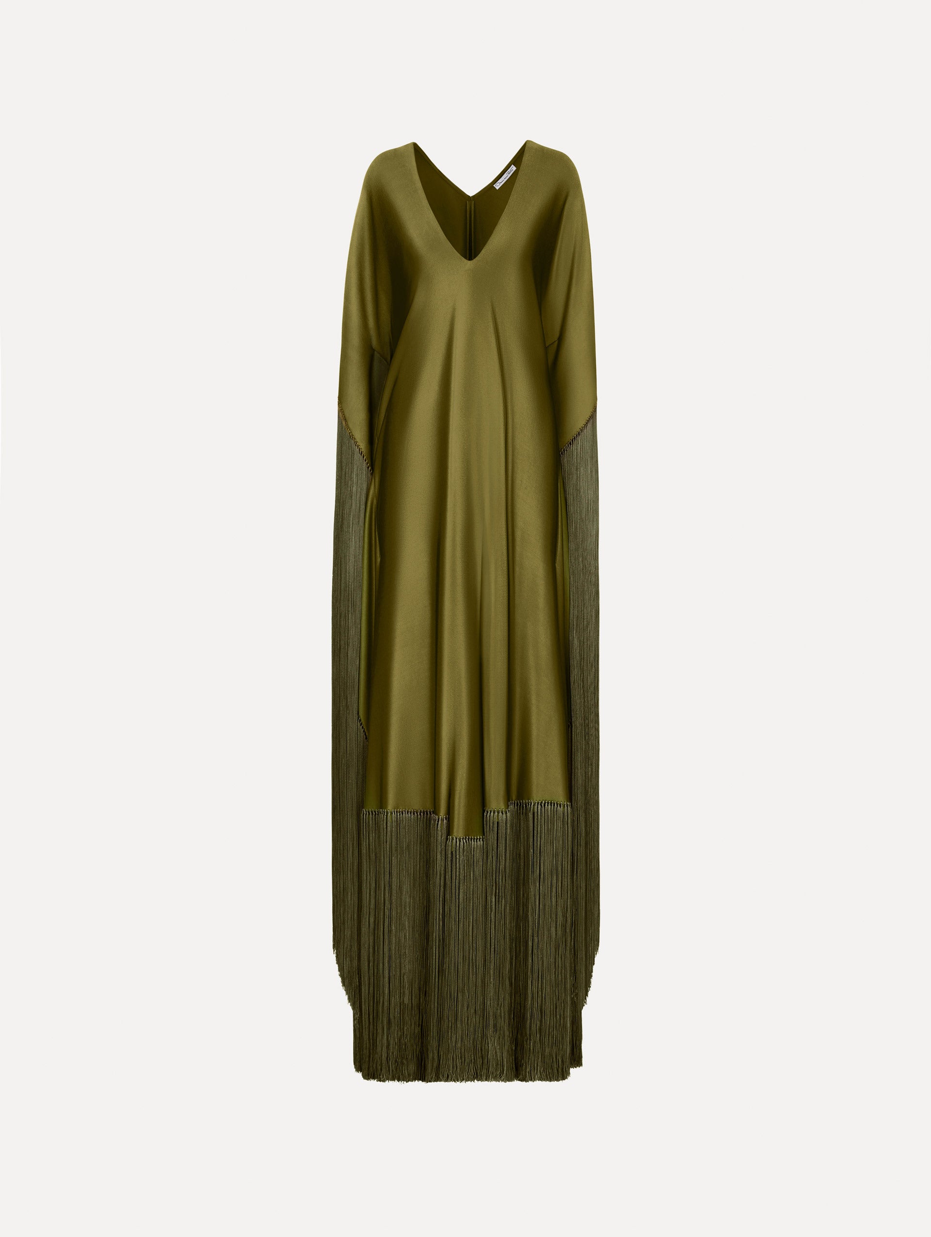 Fringe Jersey Caftan in Rich Olive. Front view.