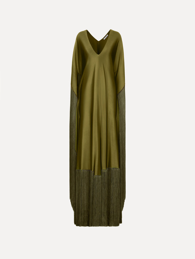 Fringe Jersey Caftan in Rich Olive. Front view.