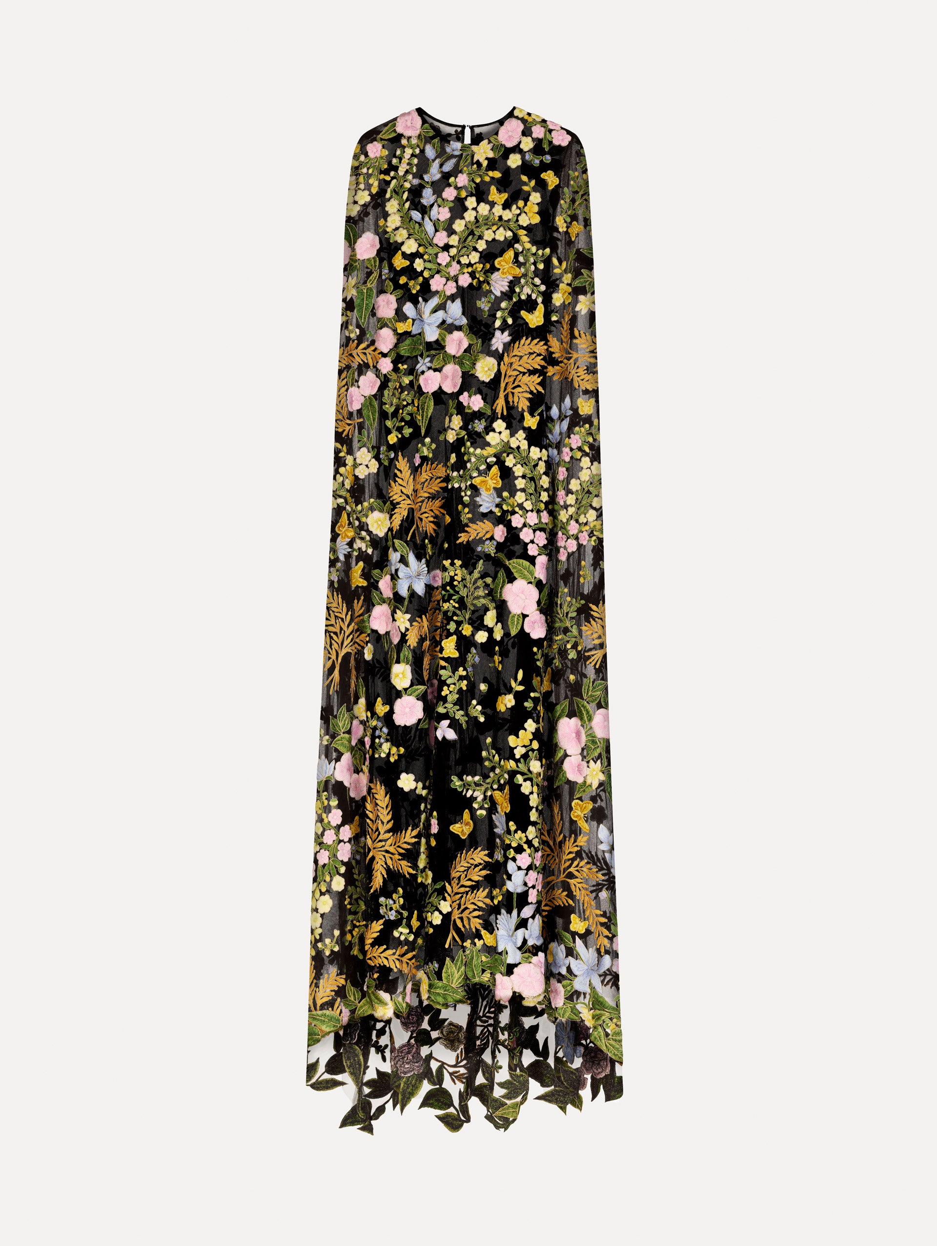 The Dominican Mixed-Floral Guipure Caftan. Featuring a long, flowing silhouette draping from the shoulders. Front View.