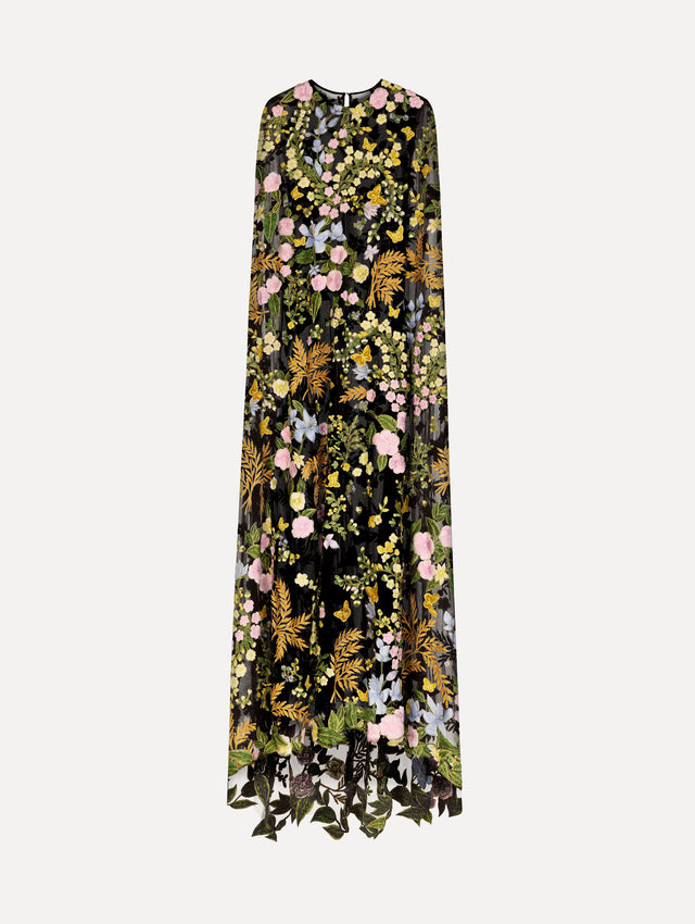 The Dominican Mixed-Floral Guipure Caftan. Featuring a long, flowing silhouette draping from the shoulders. Front View.