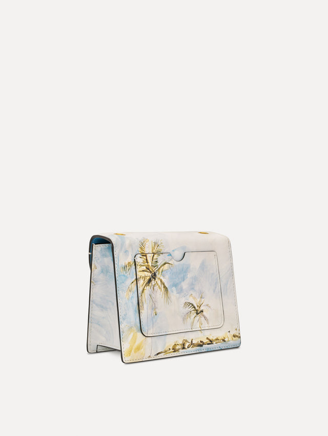 The Dominican Landscape Printed Mini TRO Bag in Saltwater Blue. Back-Side View.